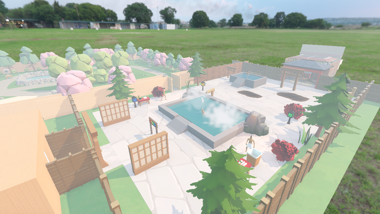 The Mountain Rotenburo outdoor level: a steaming turquoise bath surrounded by stone paths, wooden screens, trees, and a Japanese bathhouse.